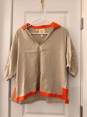 Beige Tunic with Orange Trim Collar and Hem